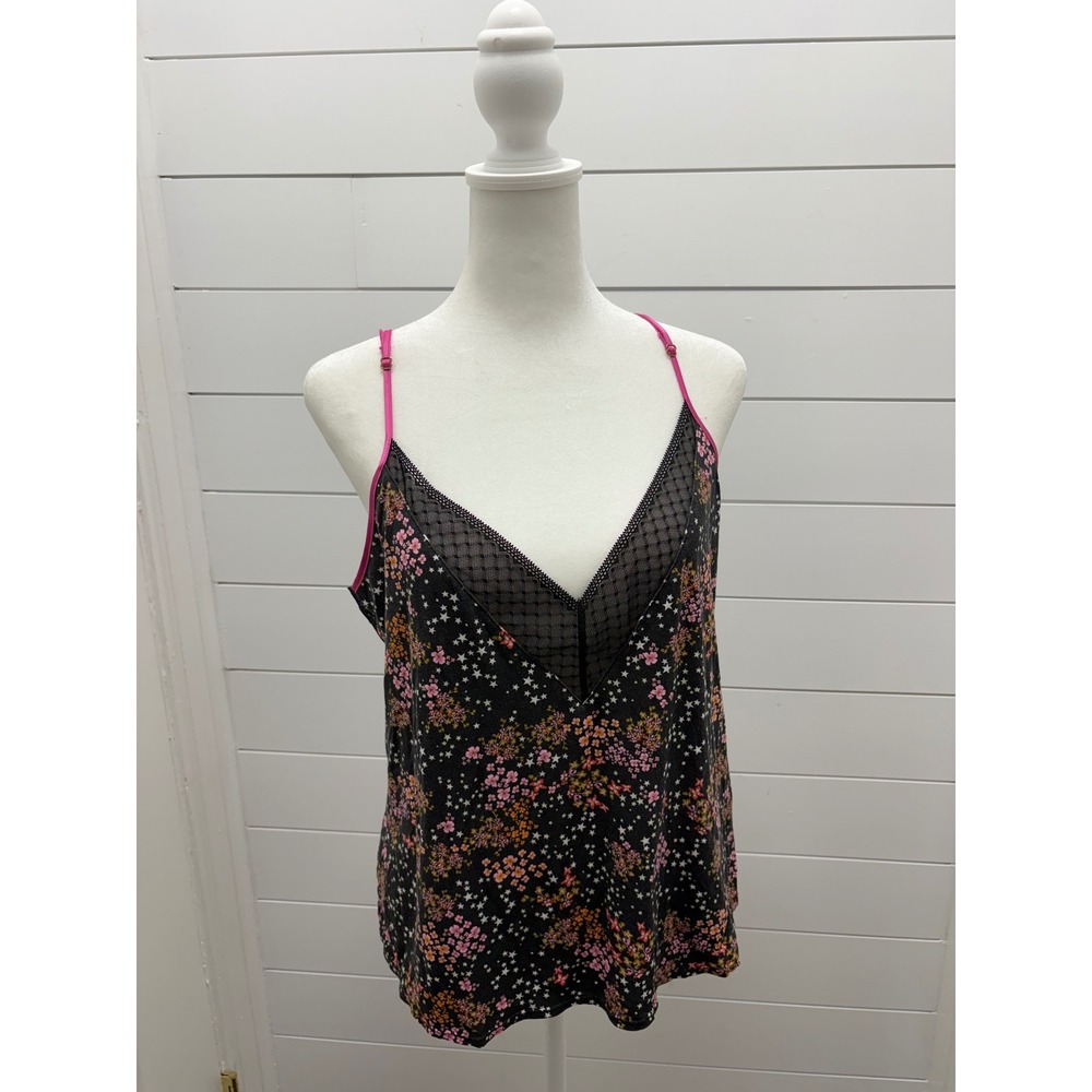 Victoria Secret Camisole Sleepwear Tank Top Large Black Floral Stars Lace Trim